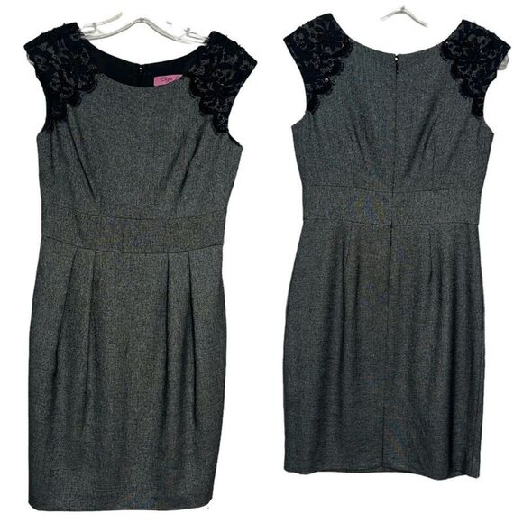 Eliza J Dresses & Skirts - Eliza J Petite Sheath Dress Women's Heather Gray w/ Black Lace Beaded 6P